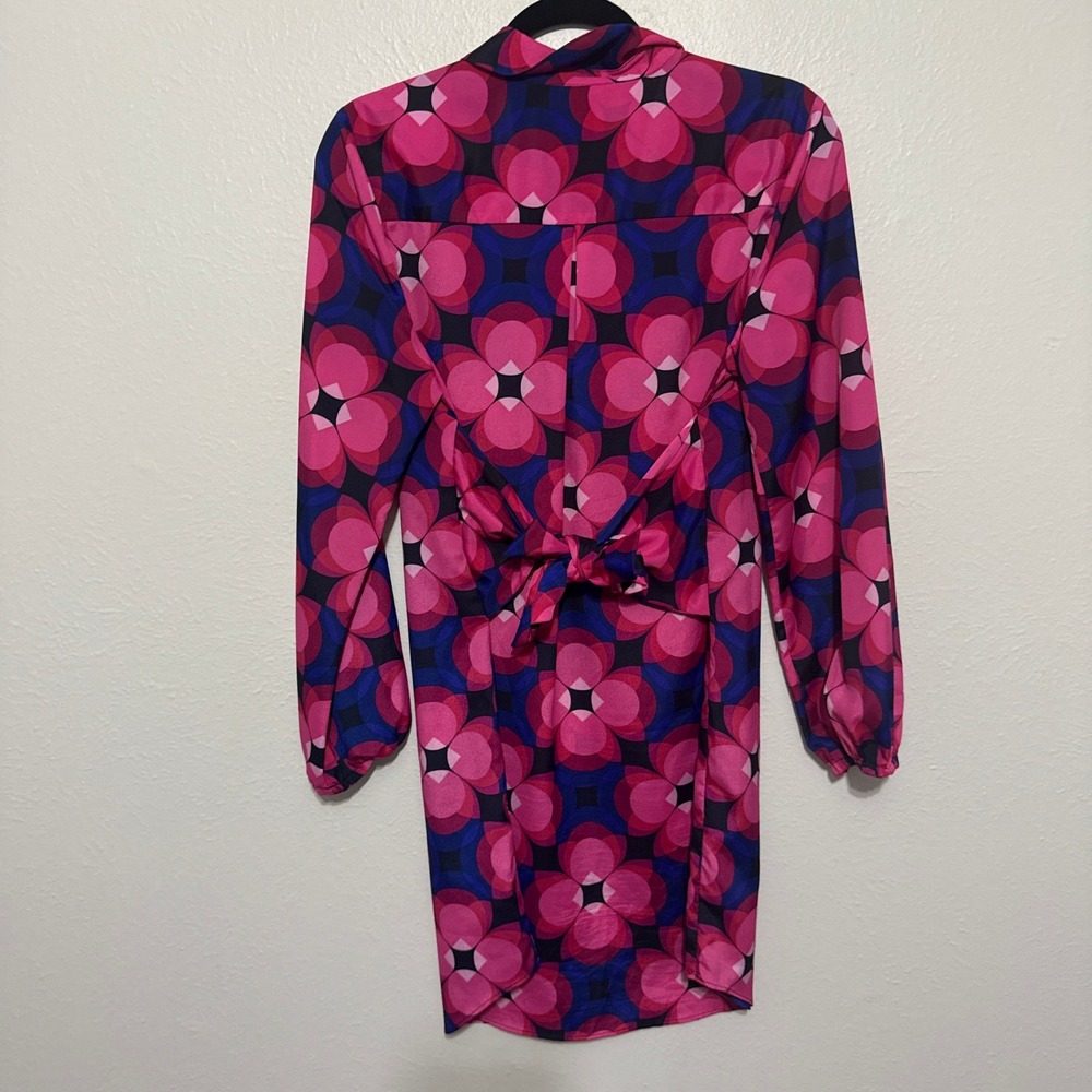 Trina Turk Pink Geometric Floral Tie Waist Shirt Dress M/L Retro 60s Resort - Picture 4 of 8